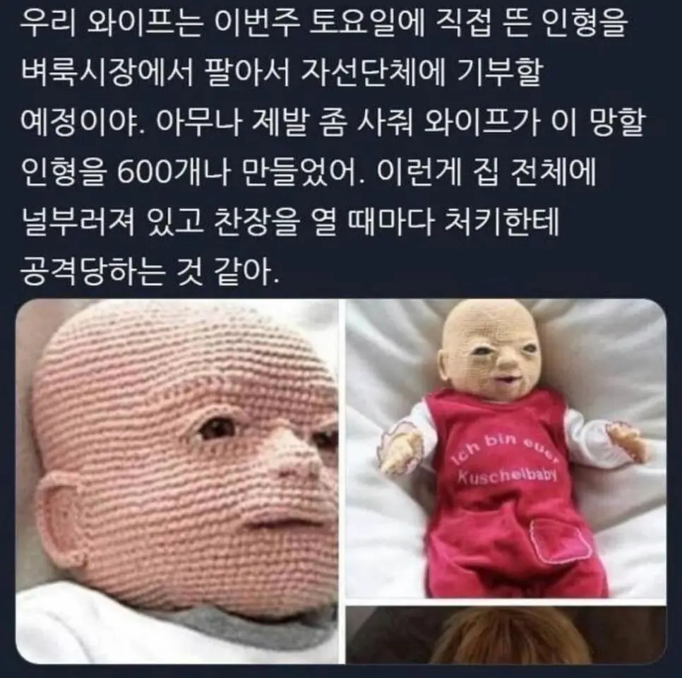 아내가 벼룩시장에서 팔려고 만든 실뜨개 인형 수준.JPG