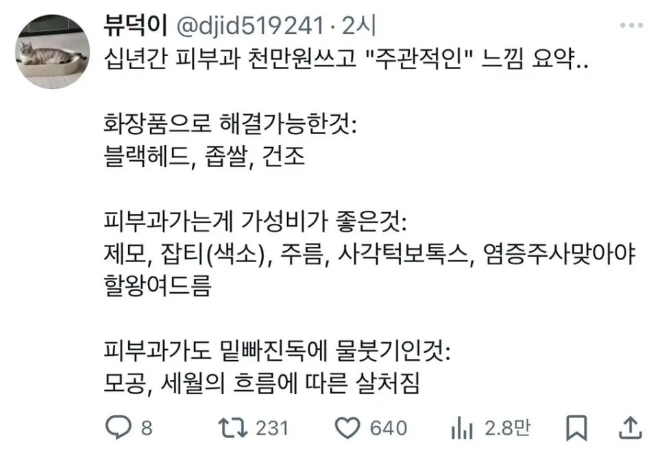 피부과 천만원쓰고 \"주관적인\" 느낌 요약..twt