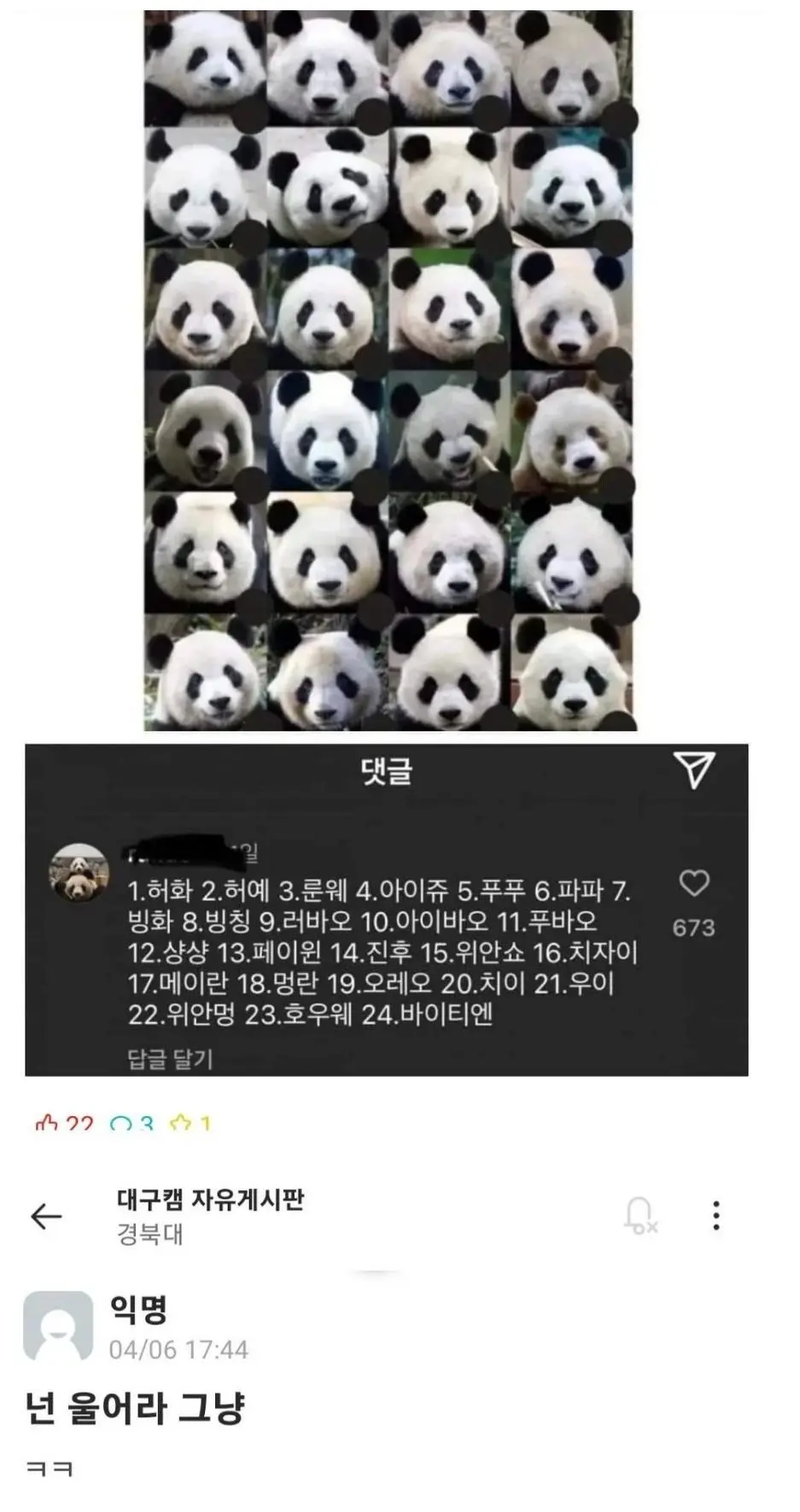 푸바오 그거 다른 거랑 구분도 못하면서 질질 짜고 있네ㅋㅋ