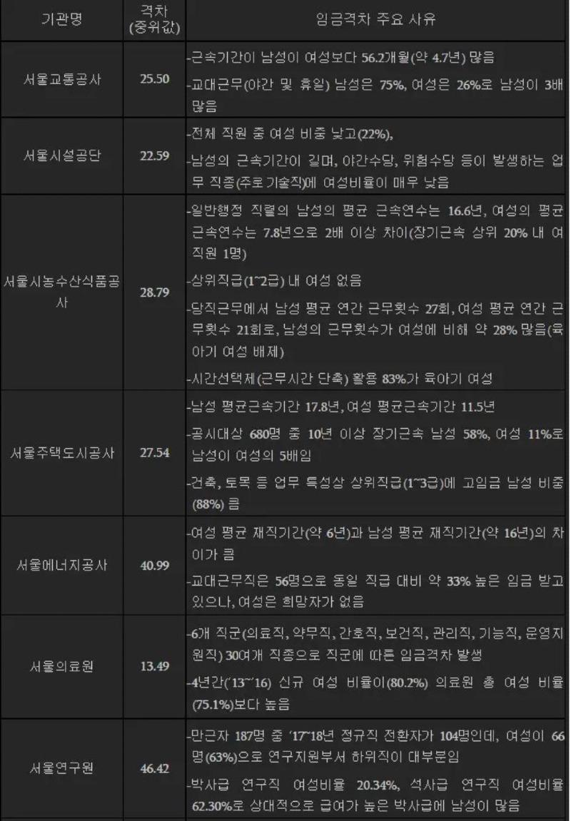 서울시에서 조사한 남녀 임금격차 실상