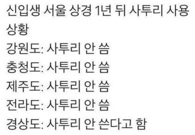 각 지방별 신입생 상경 1년 뒤 상황