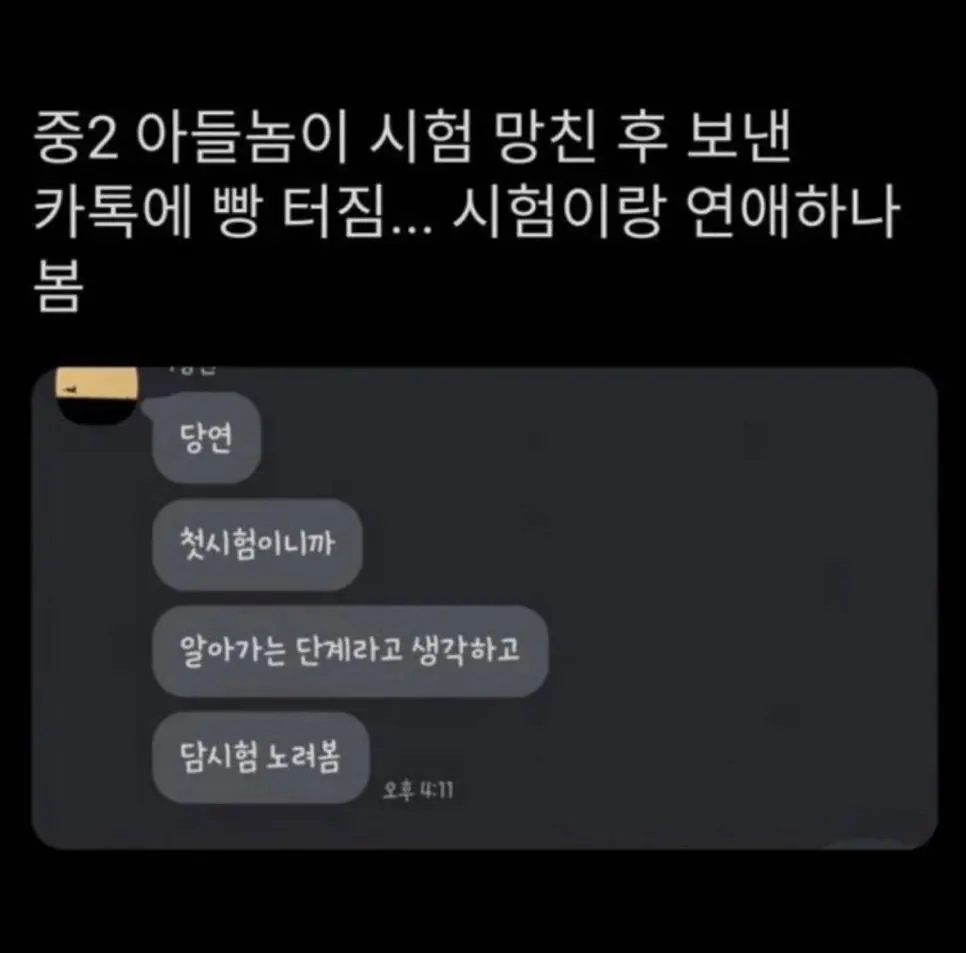 중2 아들놈이 시험 망친 후 보내온 카톡...